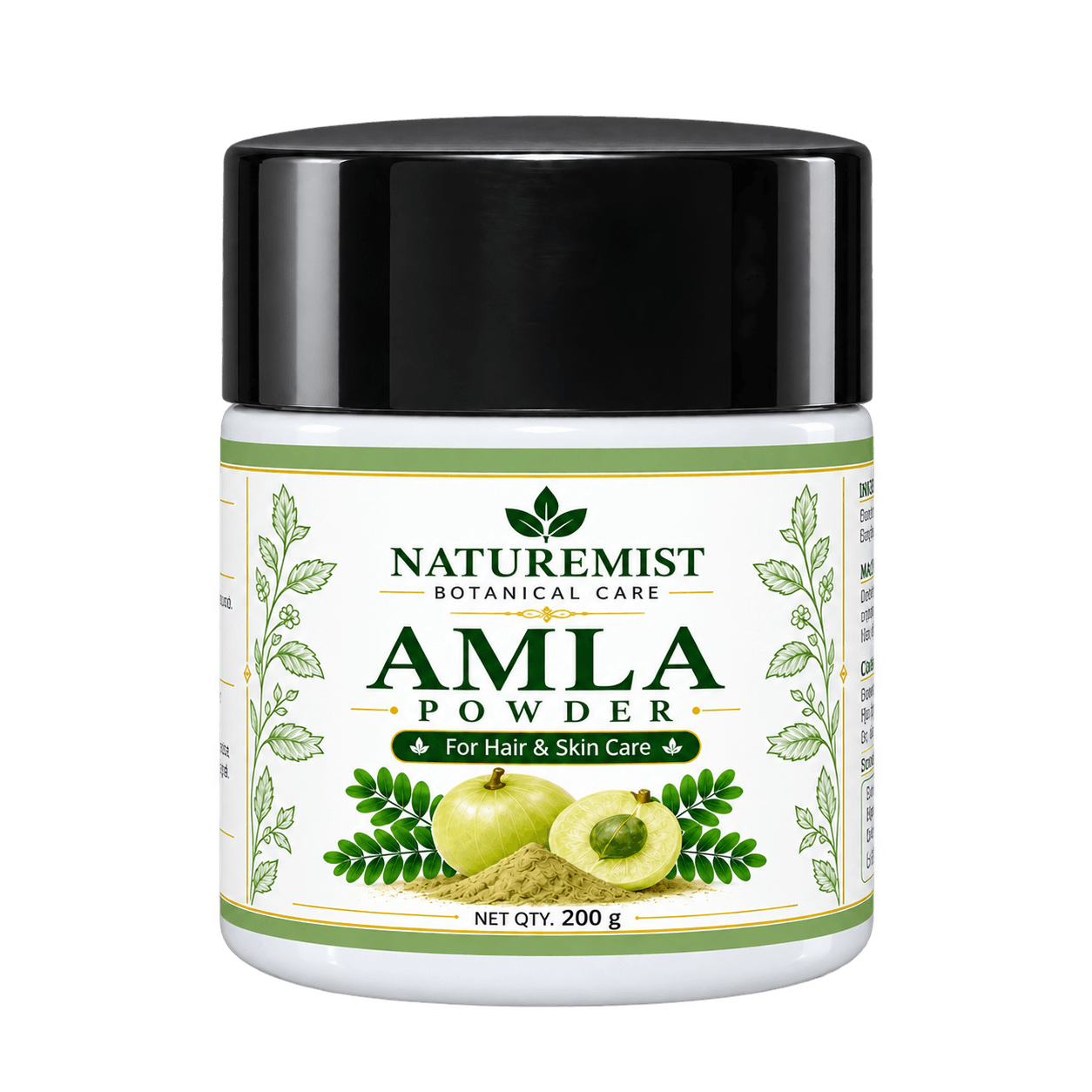 NatureMist Amla Powder in its NatureMist botanical care jar