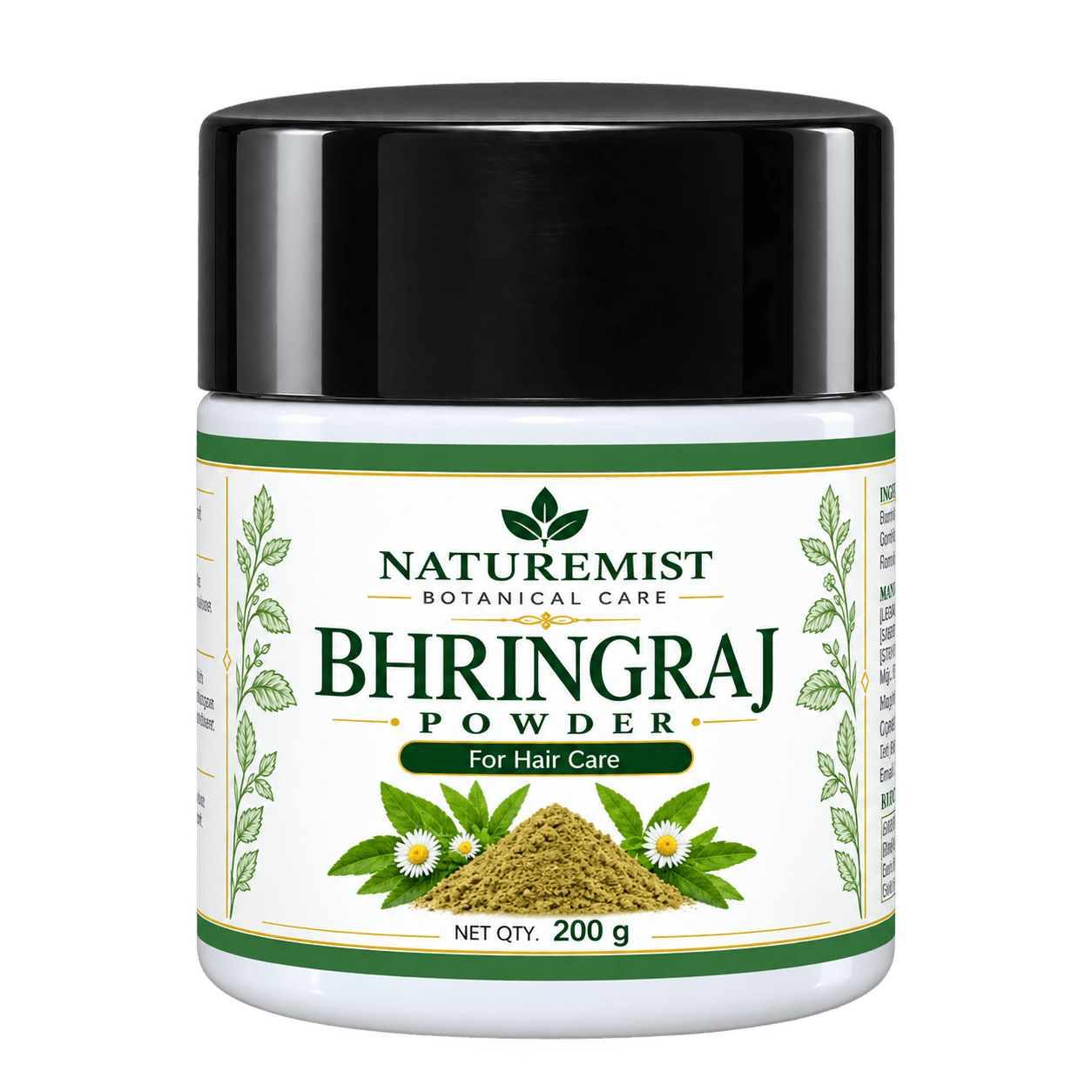 NatureMist Bhringraj Powder in its NatureMist botanical care jar