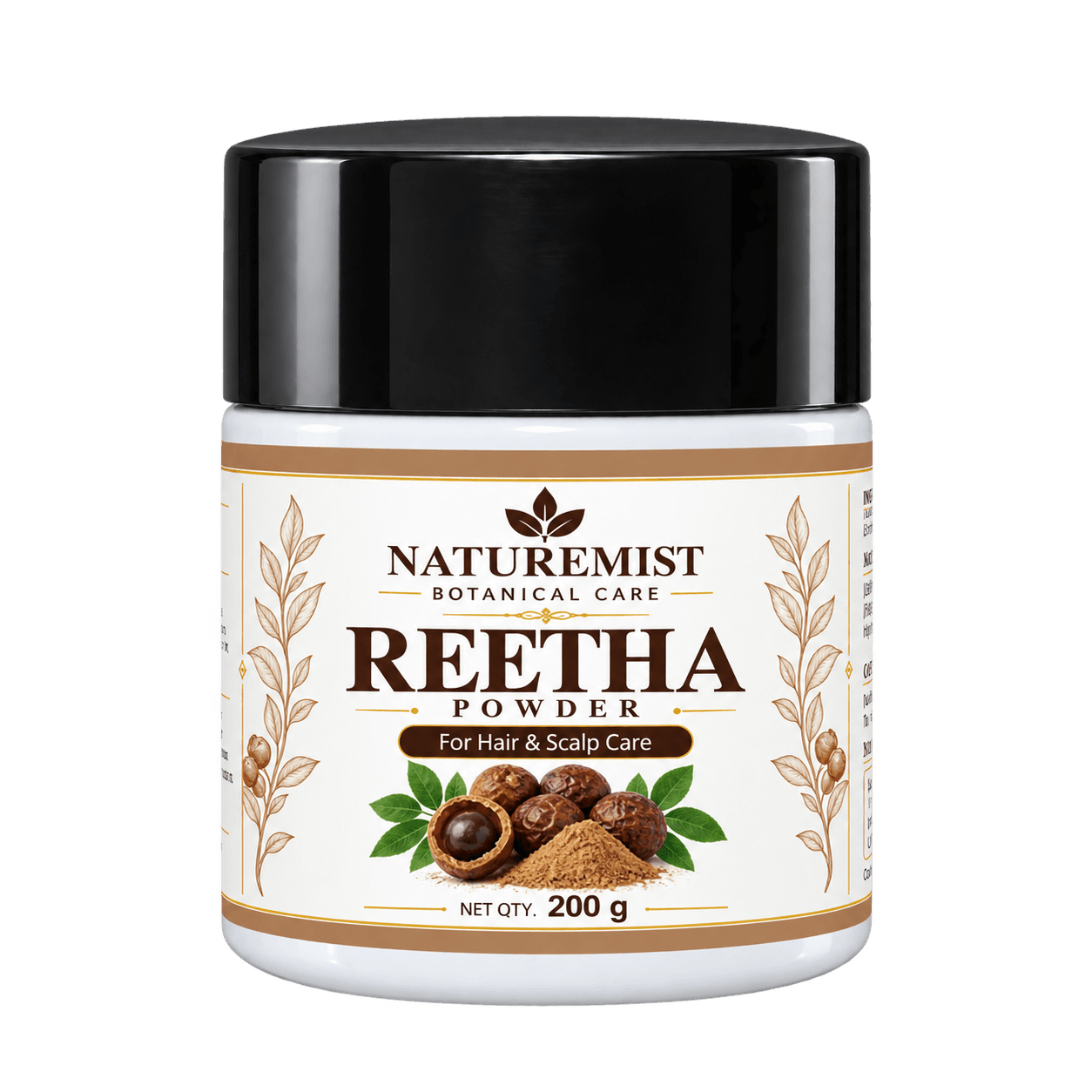 NatureMist Reetha Powder in its NatureMist botanical care jar