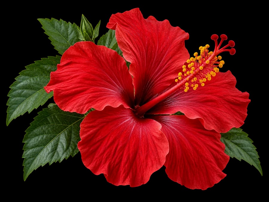 A red hibiscus flower with its yellow stamen and green leaves