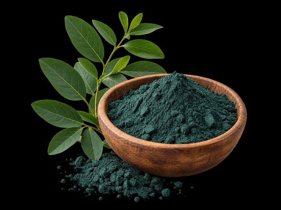 Indigo leaves beside a wooden bowl of green botanical powder